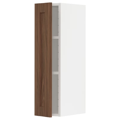 Walnut-finished METOD kitchen cabinet, tall and sleek with single door.