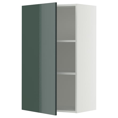 Modern high-gloss greenish-grey kitchen cabinet with white frame.