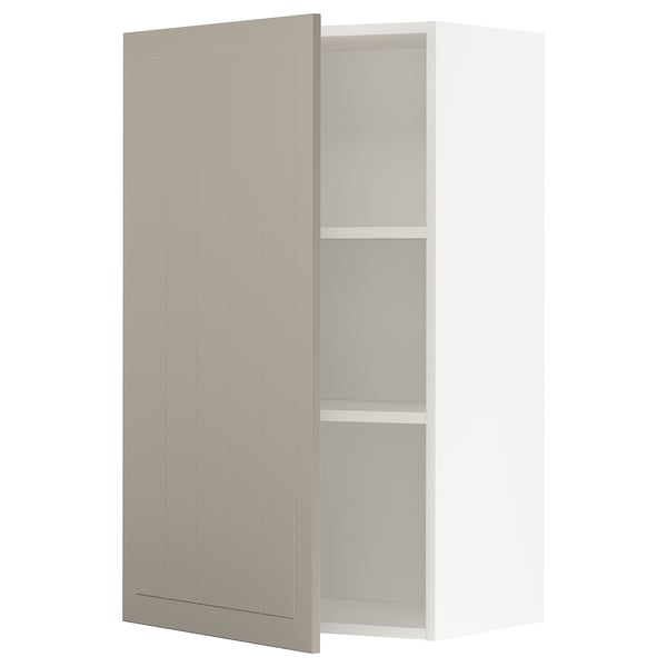 Modern beige kitchen cabinet with adjustable shelf and paneled door.