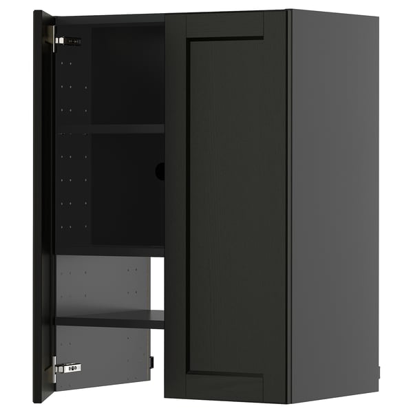 Black kitchen cabinet with glass door displaying shelves, part of the METOD system.