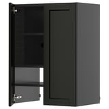 Black kitchen cabinet with glass door displaying shelves, part of the METOD system.