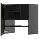 Option: Black kitchen cabinet with two open doors revealing shelves. Modern design, metal hinges, adjustable shelves, and a sturdy frame.