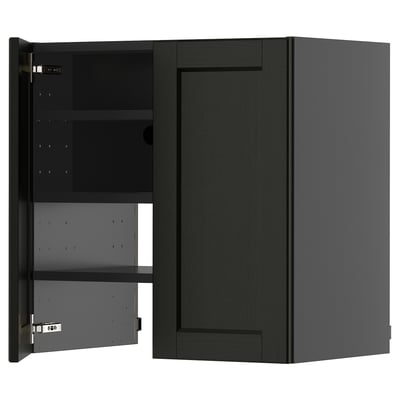 A dark-stained wooden cabinet with one door open, revealing adjustable shelves inside.