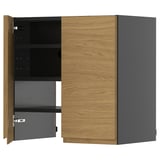 A modern wooden cabinet with grey accents, featuring an open door revealing shelves inside.