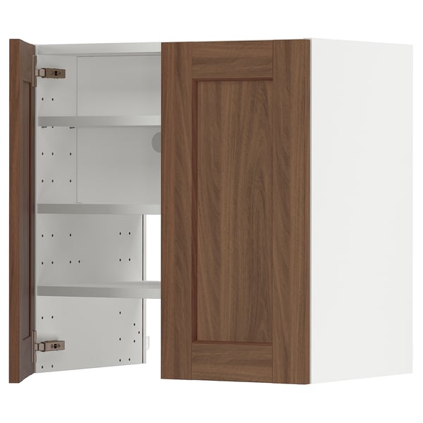 A wooden cabinet from the METOD kitchen system, featuring walnut-colored foil with an adjustable shelf and a 25-year guarantee.