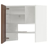 Walnut-finished wooden kitchen cabinet with adjustable shelves, right-swing door.