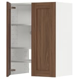 A white METOD kitchen cabinet with a wooden door. Its rectangular, has three shelves inside, and a simple, classic design.