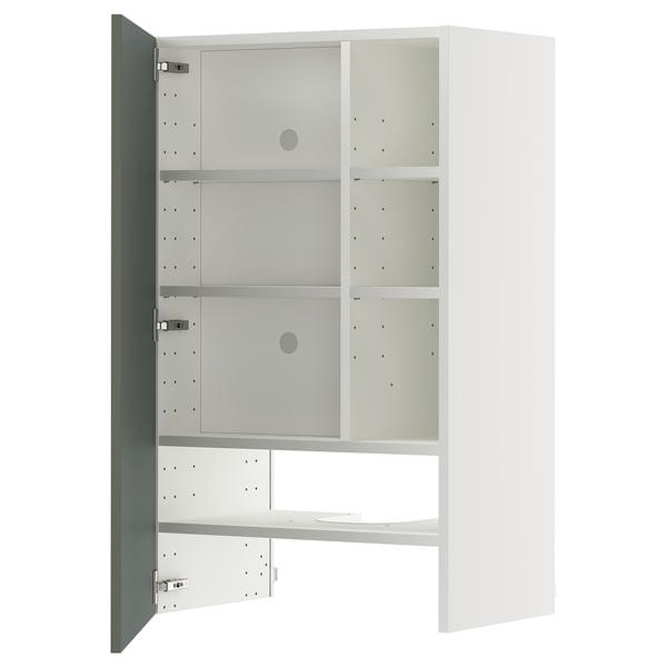 METOD white cabinet, 3 shelves, adjustable, hinged door on left.