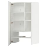 A white METOD kitchen cabinet with high gloss. Its rectangular, has three shelves, and modern, snap-on hinges.
