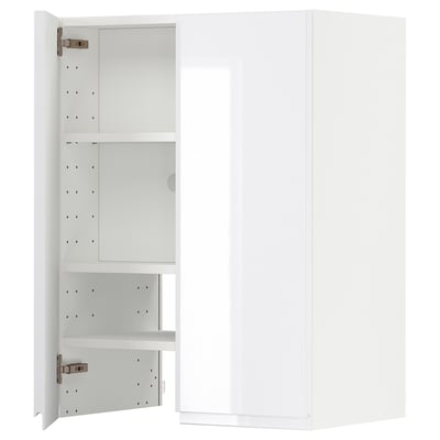 High-gloss white METOD kitchen cabinet with adjustable shelves and reversible door, modern design.