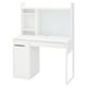 A white MICKE desk with storage. It has shelves, a cable outlet, and adjustable compartments for efficient organization.