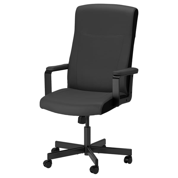 MILLBERGET: elegant black office chair in dark grey fabric, featuring padded armrests, adjustable height, and wheels for easy movement.