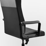 Black office chair with padded armrests, high back, and adjustable height.