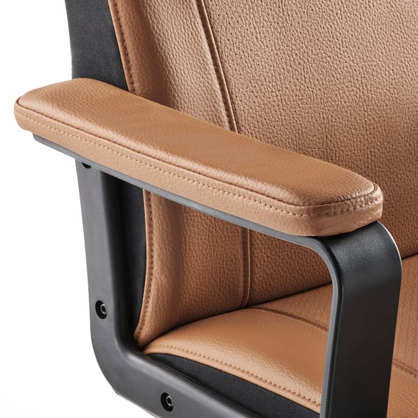 Office chair with padded armrests, brown upholstery, sturdy frame.