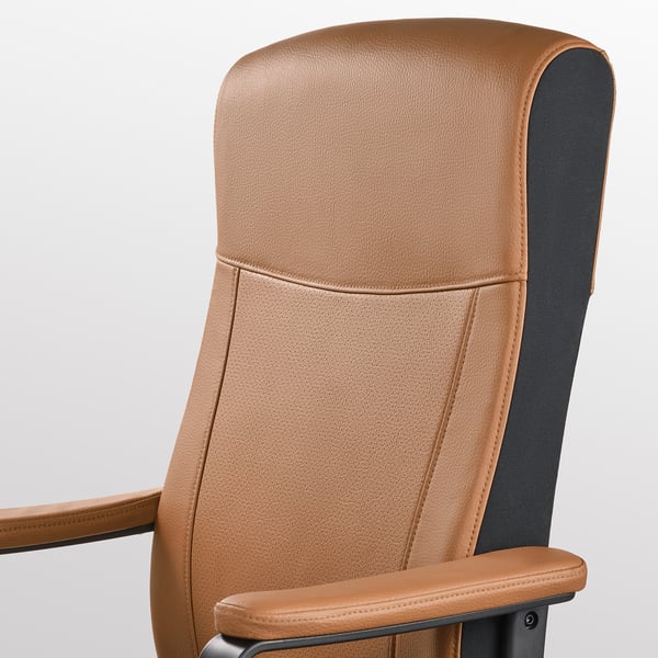 Brown office chair, high back, padded arms, sturdy base.