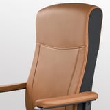 Brown office chair, high back, padded arms, sturdy base.