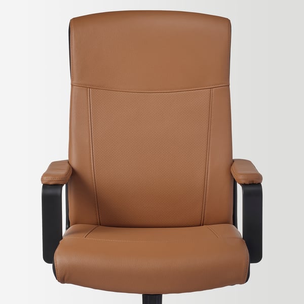 Brown office chair with padded armrests, high back support, and perforated seat and back for breathability.