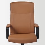 Brown office chair with padded armrests, high back support, and perforated seat and back for breathability.