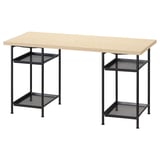 A MITTCIRKEL desk in light oak. It has a wooden top and black metal legs with shelves.