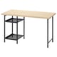 The MITTCIRKEL desk a light wood top and black metal legs with shelves. Its designed for storage and cable management.