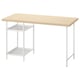 A MITTCIRKEL desk with a light wooden top and white metal legs, featuring two shelves for storage.