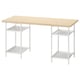 MITTCIRKEL desk: light wooden top, white metal legs, 2 wire shelves for storage.