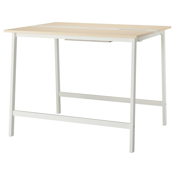 A MITTZON high conference table with a light beige top and white legs. Its designed for sitting or standing with a footrest for support.