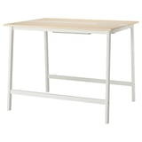 A MITTZON high conference table with a light beige top and white legs. Its designed for sitting or standing with a footrest for support.