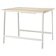 A MITTZON high conference table with a light beige top and white legs. Its designed for sitting or standing with a footrest for support.