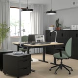 Modern home office with MITTZON black adjustable desk, green chairs, and storage units. Large window and industrial lighting.