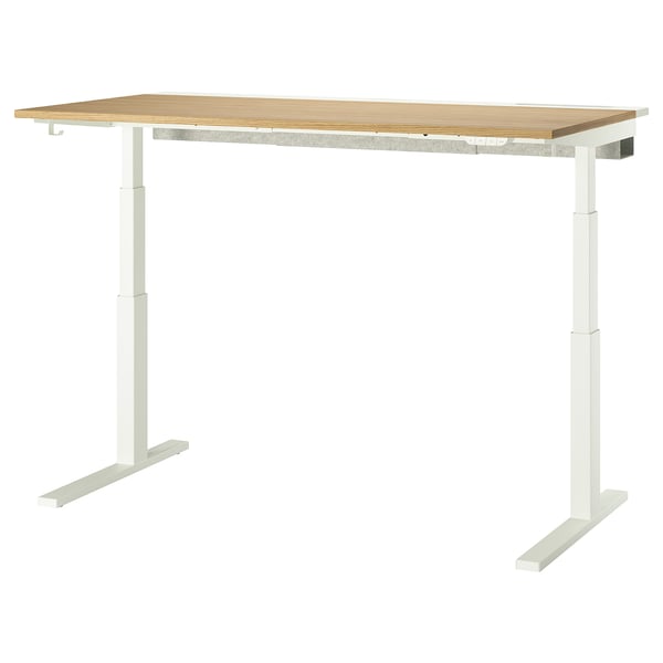 MITTZON adjustable desk in white and oak. Modern design with clean lines, supportive legs, and easy-to-clean top.