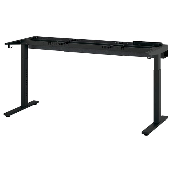MITTZON black adjustable desk base with crossbar and hooks, made from powder-coated steel.
