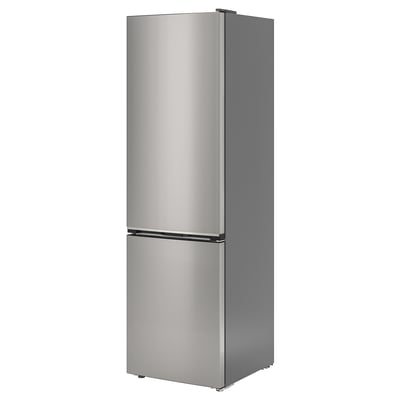 Silver MÖLNÅS fridge with hidden handles, stainless steel.