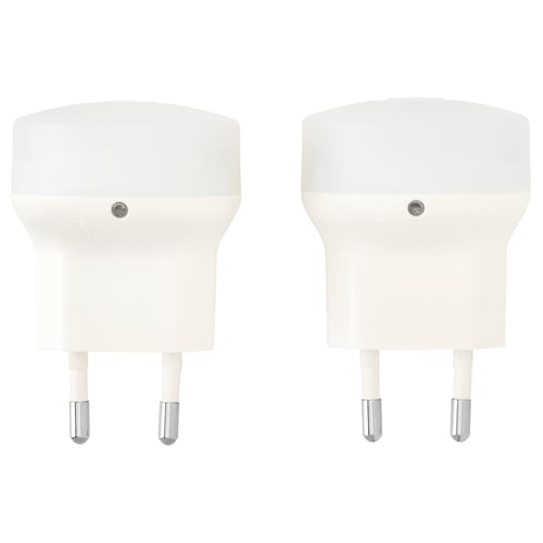 Two white, compact, plastic nightlights with automatic sensors.