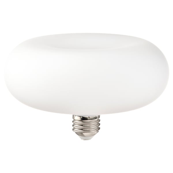 A MOLNART led bulb, white, with a frosted glass cover, round shape, emitting warm light.