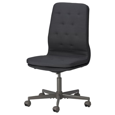 MULLFJÄLLET office chair, black, soft fabric, high back, swivel base.