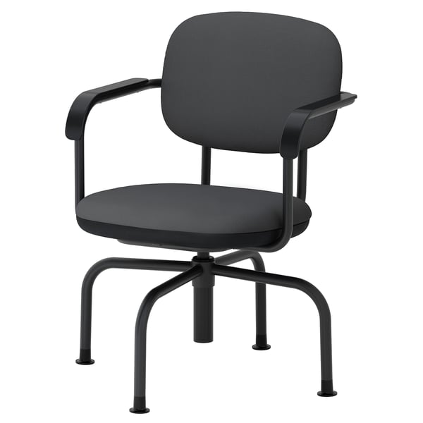 Modern black office chair with metal frame and mesh back.