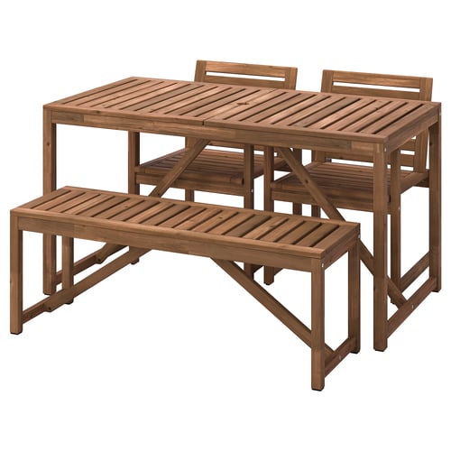 NÄMMARÖ outdoor set: brown acacia wood dining table, 4 chairs, and 1 bench with slatted design.