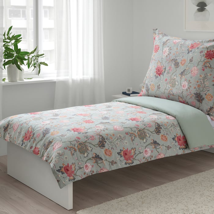 NÄSSELKLOCKA duvet cover and pillowcase, light greygreen/multicolour