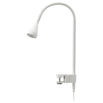White NÄVLINGE clamp lamp, adjustable neck, led light, absurd design.
