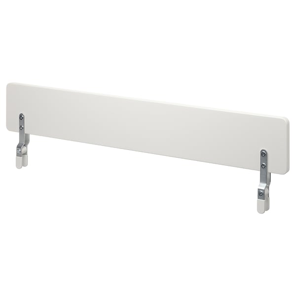 A white NATTAPA bed guardrail with metallic brackets. Its designed to prevent children from falling out of bed.