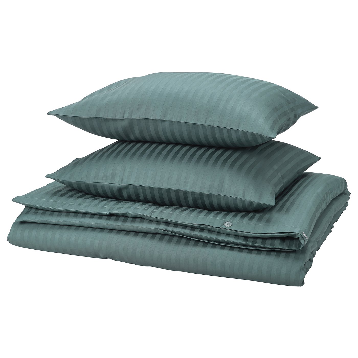 A stack of blue-green bedding set, including a duvet and pillows, with a striped pattern. All items appear neatly folded and stacked.