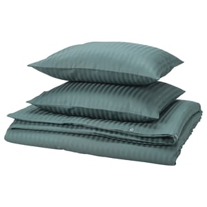 A stack of blue-green bedding set, including a duvet and pillows, with a striped pattern. All items appear neatly folded and stacked.