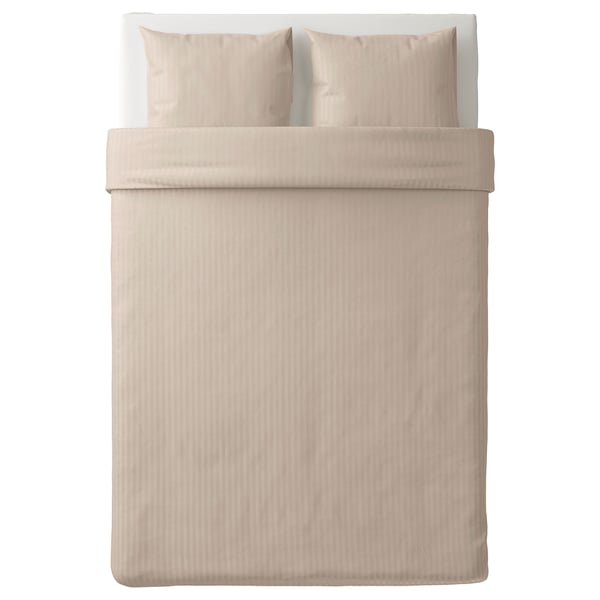 Light beige bedding set, rectangular shape, subtle striped design, smooth fabric.