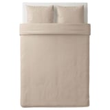 Light beige bedding set, rectangular shape, subtle striped design, smooth fabric.