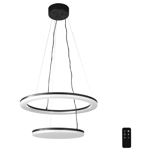 Modern dual-ring pendant lamp with remote. Black and white, adjustable, and energy-efficient.