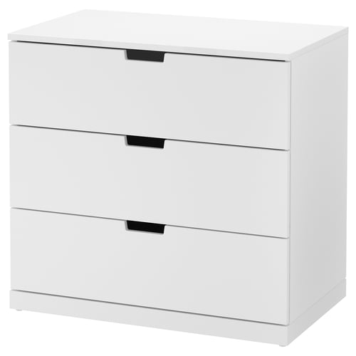 NORDLI: white 3-drawer chest. Minimalist design with sleek black handles. Made from particleboard and fiberboard.