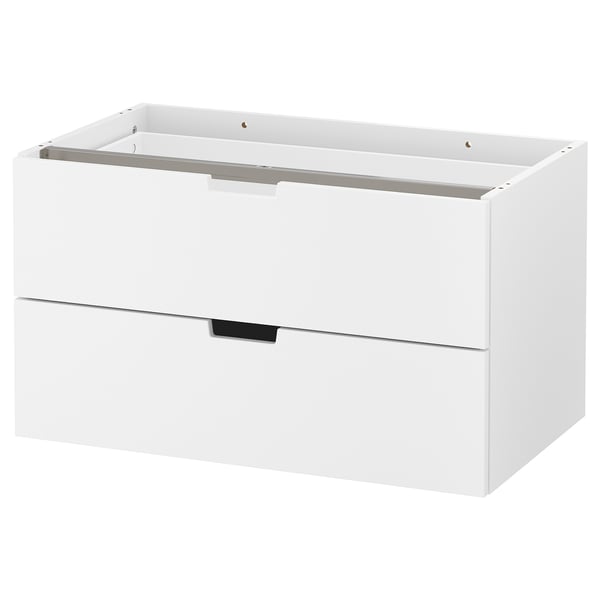 Ikea NORDLI white 2-drawer chest; sleek, rectangular; modern design with metallic handles; ideal for compact spaces.