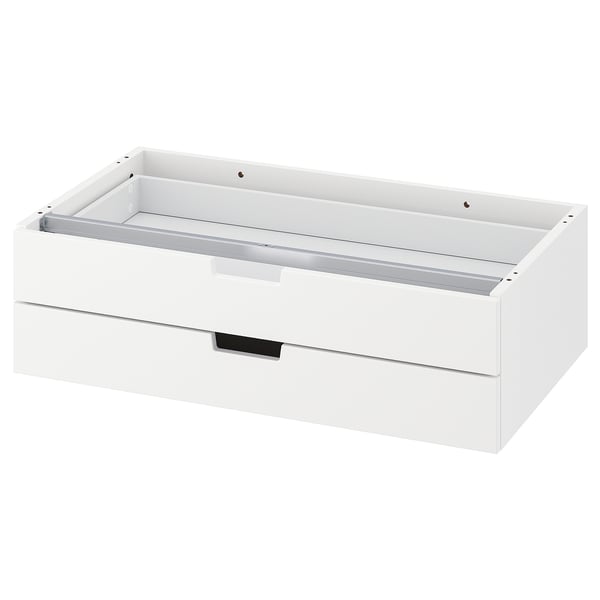 A white NORDLI chest of drawers with two drawers. It has a modern, rectangular design and is made of fiberboard and particleboard.