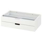 A white NORDLI chest of drawers with two drawers. It has a modern, rectangular design and is made of fiberboard and particleboard.